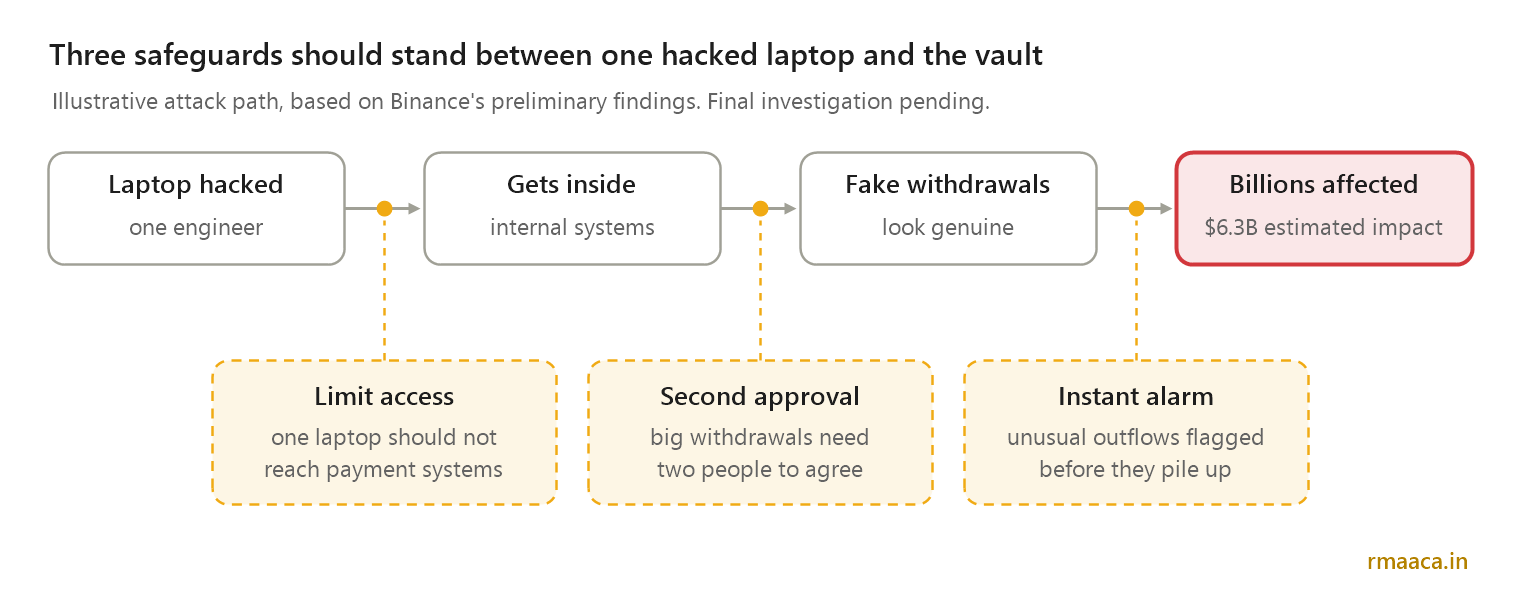 Illustration showing how compromised employee access, inadequate transaction safeguards and delayed detection can expose a cryptocurrency exchange to major losses.